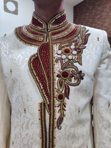 Men Sherwani Dhoti Stitched Set -Offwhite &amp; Maroon