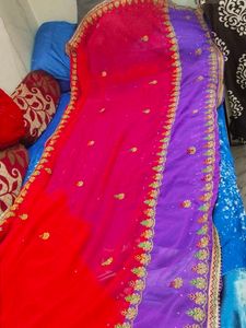 Pink And Golden Embroidery Design Saree...