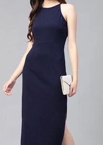(Navy Blue)Halter Neck Bodycon Dress With Side Slit