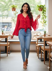 ❤️‍🔥Chic Red Ruffle Blouse with Flared Sleeve