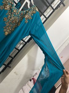 Elegant Teal Indian Outfit with Gold Stone
