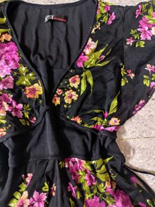 Floral Mesh Detail Tie Knot Top