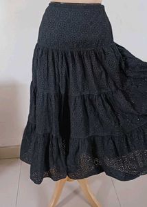 Black Schiffli Tiered Flared Skirt