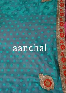 Pink &amp; Sky Blue Colour Saree With Golden Floral Border