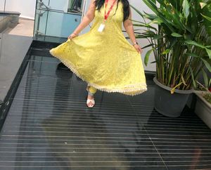 Yellow Lace Dress with Scalloped Hem