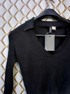 Black Ribbed Polo Crop Top