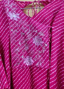 Pink and White Leheriya Printed Angrakha Kurta