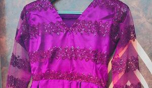 “Elegant Purple Silk Gown with Lace Sleeves