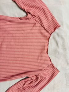 Pink Ribbed Boat Neck Long Sleeve Top