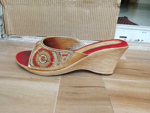 Red &amp; Gold Embellished Mules