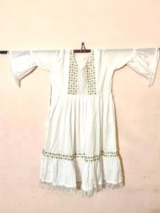 Brand New, White Cotton Frock With Beautiful Simple Design In The Front