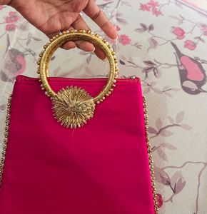 Heavy Pink Embroidered Gota patti Potli Bag