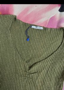 Olive Green Ribbed V-Neck Tee