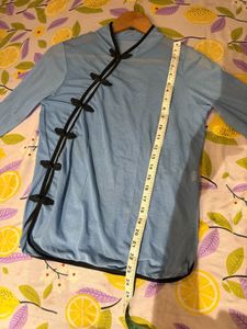 Beautiful Blue Mandarin Collar Mesh Top