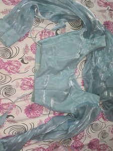 Aqua Blue  pre draped Sari Blouse and Fabric