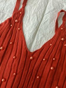 Vintage Coral Knit Halter Top with Pearls