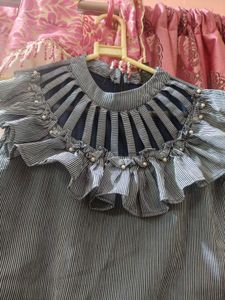 Gray Ruffle Neck Fit &amp; Flare Dress