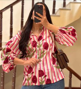 Pink Poppy Print Striped Shirt