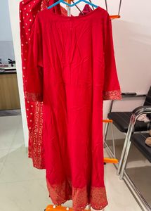 Red Full-Length Gown with Golden Print