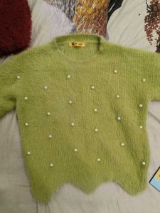 Green Fuzzy Pearl Detail Sweater