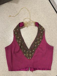 Pink Embellished Saree With Halter Neck Blouse
