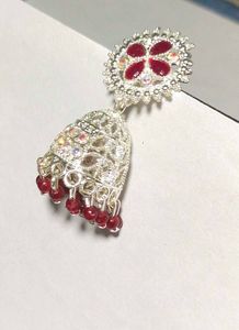 Red &amp; Silver Jhumka Earrings