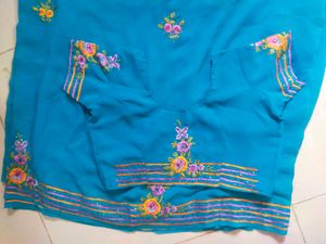 Cyan Blue Embroidered Saree+ Blouse
