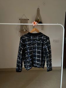 BLUE TWEED PLAID  BUTTONED DOWN CARDIGAN