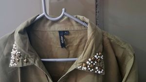 Olive Green Embellished Longline Shirt