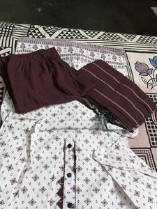 White &amp; Maroon Printed Kurti Set