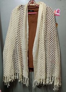 Vintage Handmade Fringe Crochet Knitted Shawl