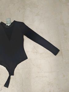 New Sheer Neckline Black Fitted Top