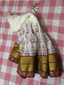 White Skirt With Red Print And Embroidery Border
