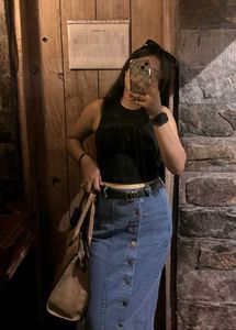 Denim Slit Midi Skirt With Silver Buttons