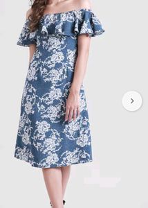 Off Shoulder Floral Printed A-Line Midi