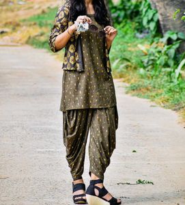 Olive Printed Rayon Straight KurtaWith Salwar&amp;Srug
