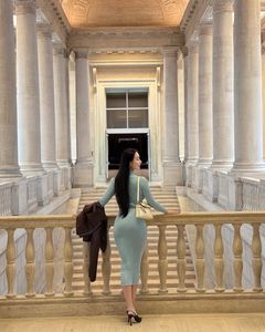 light blue solid ribbed knitted sweater Midi dress