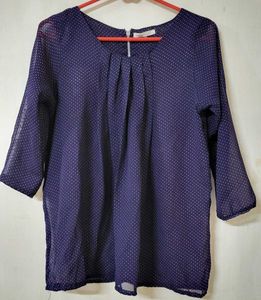 Navy Front Pleated Polka Dot Top