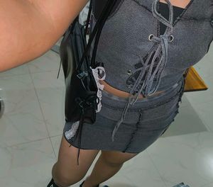 grey Textured Crop Top With Skirt