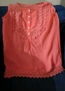 Coral Sleeveless Lace Blouse
