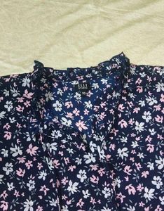 Floral Blue Ruffle Neck Top