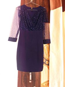 Elegant Navy Dress with Sheer Sleeves