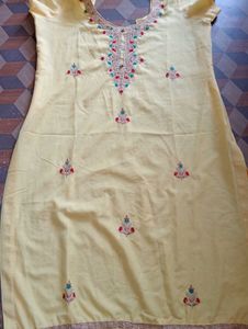 Yellow Embroidery Button Kurti
