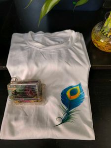 White T-Shirt with Peacock Feather
