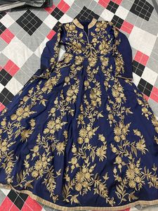 Hand Thread Embroidery Band Neck Flare Gown