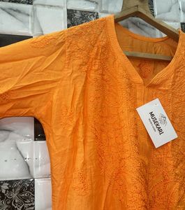 Chanderi Silk Orange chikankari Kurti