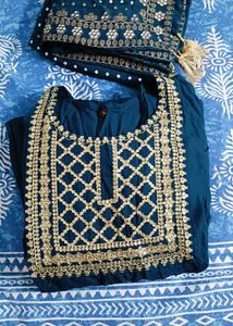 Teal Embroidered Gown With Long Dupatta