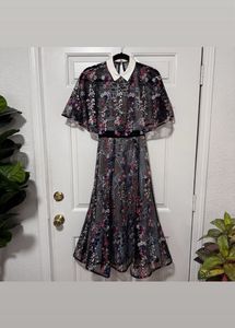 Self Portrait Black Floral Vine Collared Midi Dres
