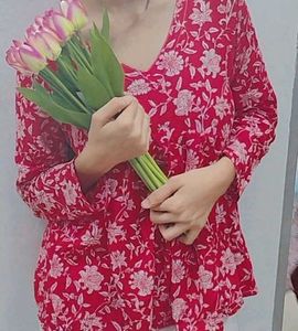Red Floral Print Kurta