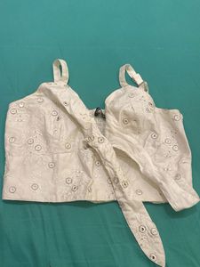 Embroidered Tie-Front Crop Top